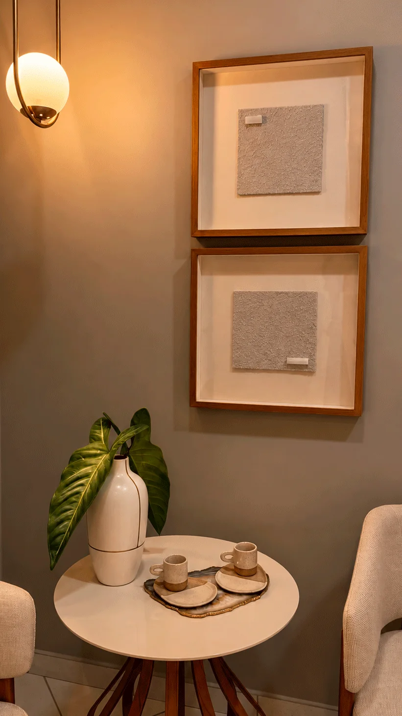 Sala de estar com mesa redonda, xícaras de cerâmica e luminária de latão